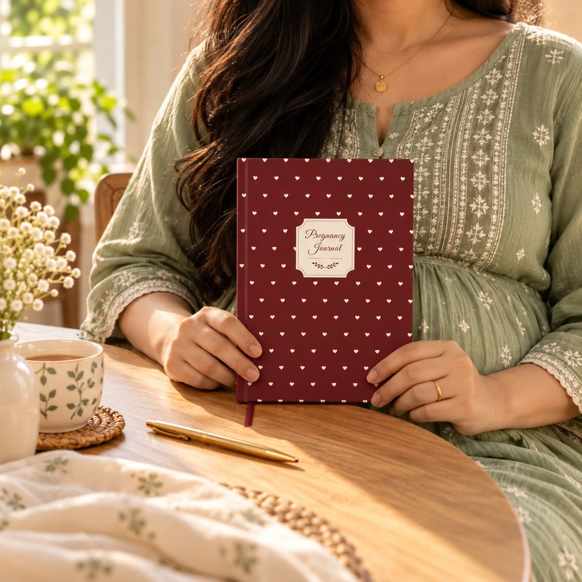 Expecting mother at a table holding the Maroon pregnancy journal