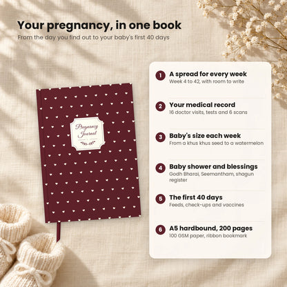 Maroon pregnancy journal features: weekly spreads, medical record, baby size, baby shower pages, first 40 days, A5 hardbound 200 pages