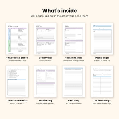 What's inside the Bottle Green pregnancy journal: weekly pages, doctor visits, scans, hospital bag, birth story and first 40 days