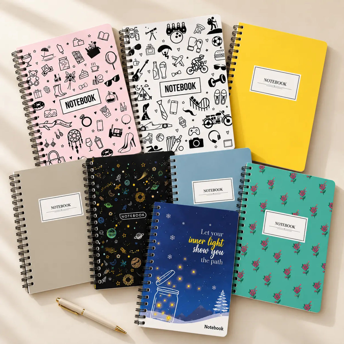 All eight A5 spiral notebook cover designs together