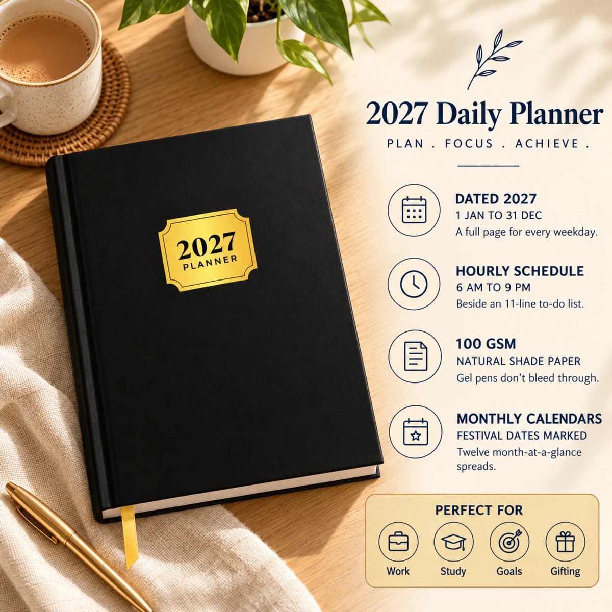 2027 daily planner diary in Classic Black on a desk with chai, with key features
