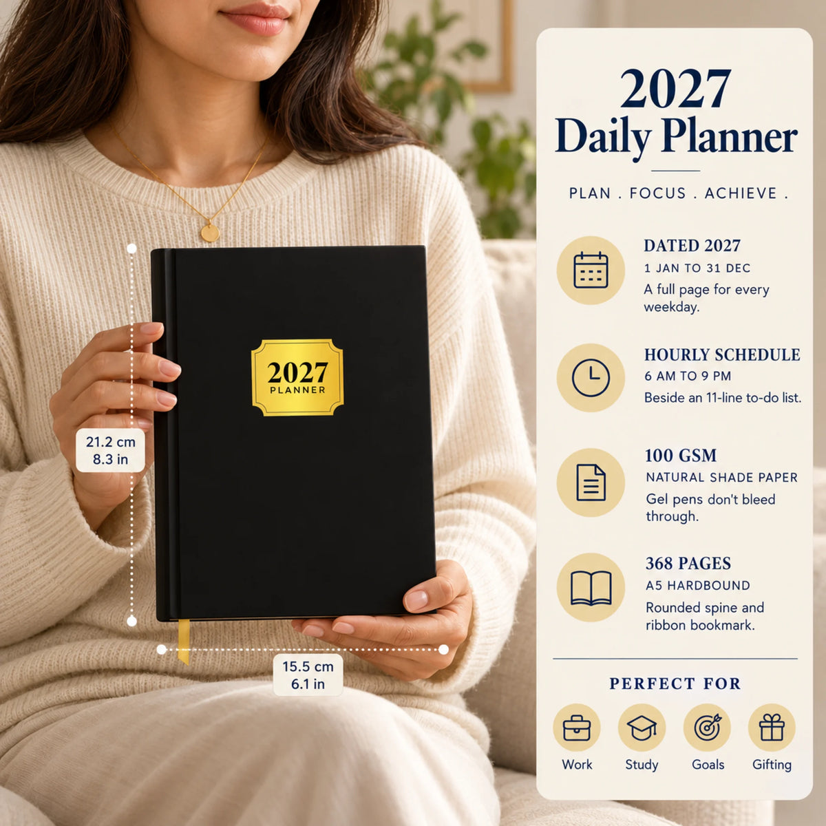2027 daily planner diary in Classic Black, held by a woman, with size and key features