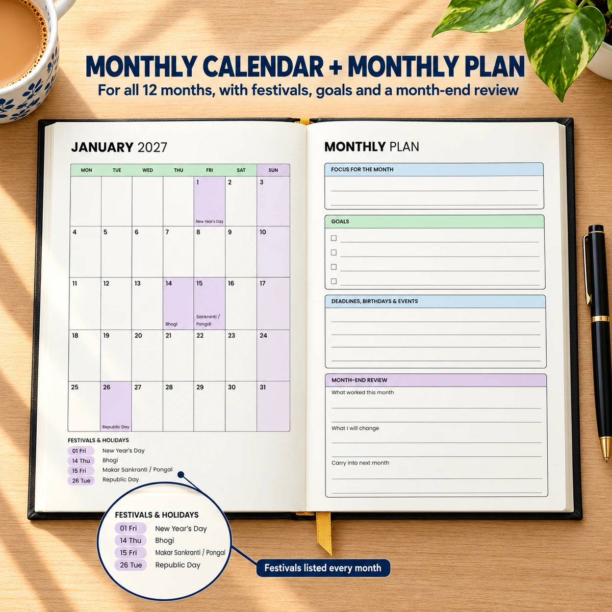 2027 daily planner diary in Classic Black, open at the January monthly calendar and monthly plan