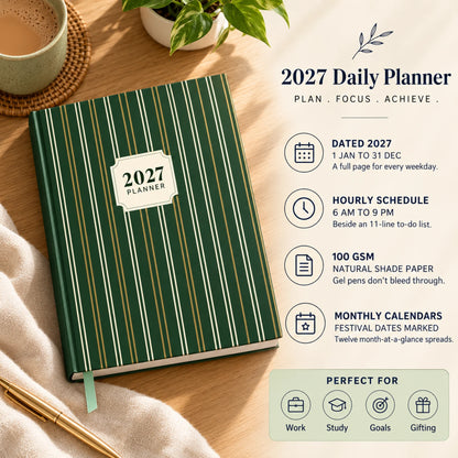 2027 daily planner diary in Forest Green Gold Stripe on a desk with chai, with key features