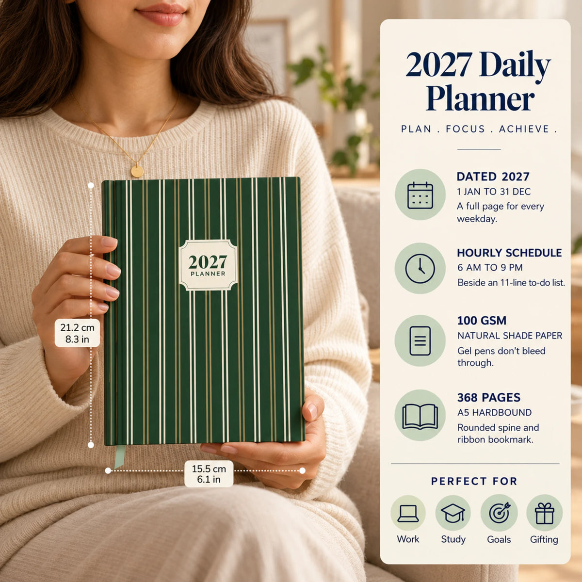 2027 daily planner diary in Forest Green Gold Stripe, held by a woman, with size and key features