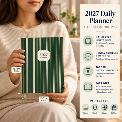 2027 daily planner diary in Forest Green Gold Stripe, held by a woman, with size and key features