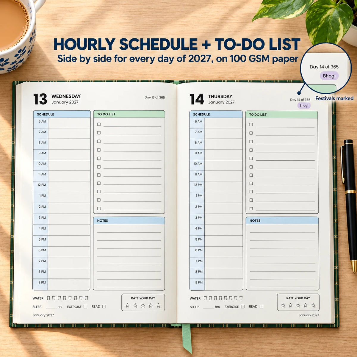 2027 daily planner diary in Forest Green Gold Stripe, open flat at the dated day pages with hourly schedule and to-do list