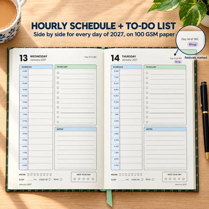 2027 daily planner diary in Forest Green Gold Stripe, open flat at the dated day pages with hourly schedule and to-do list