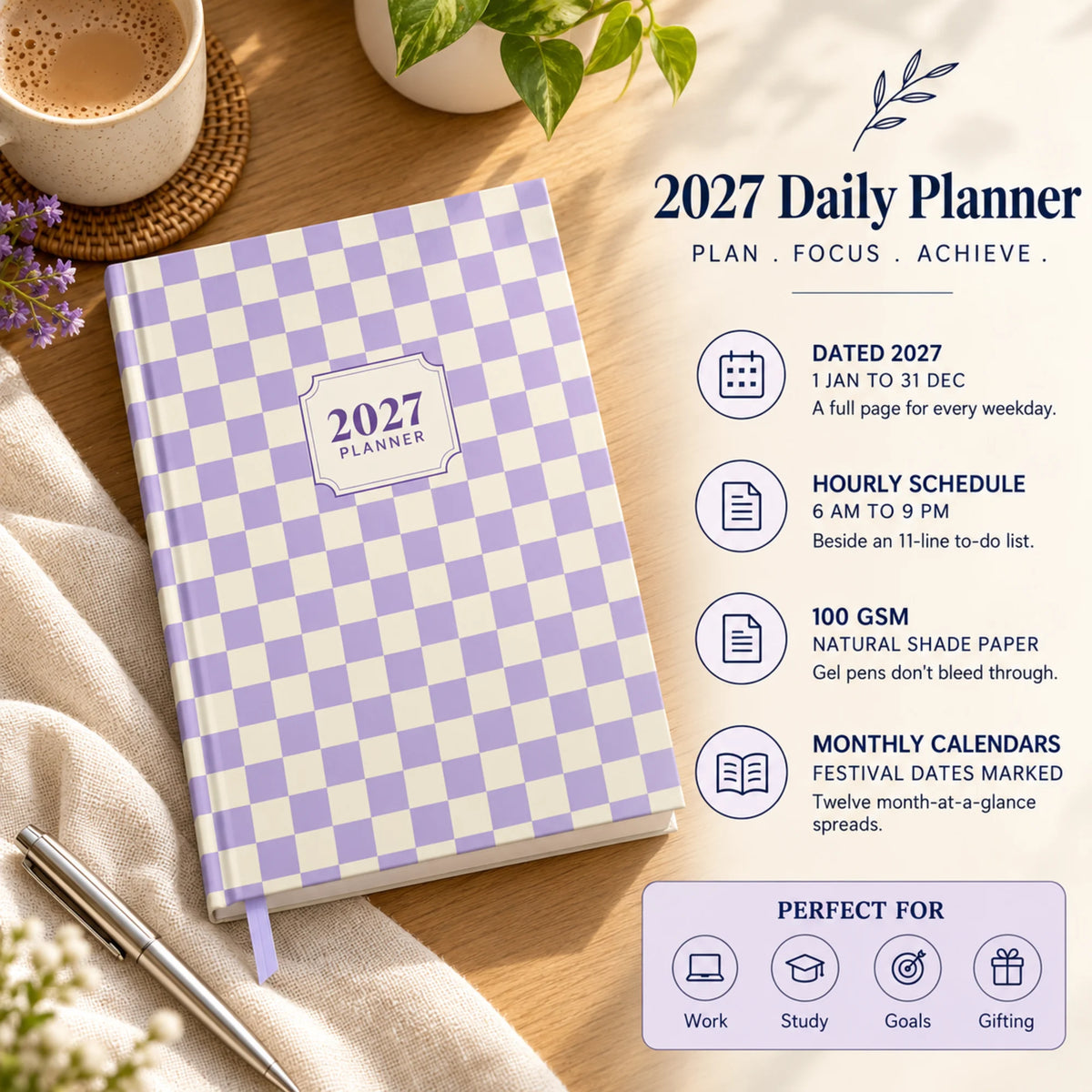 2027 daily planner diary in Lavender Check on a desk with chai, with key features