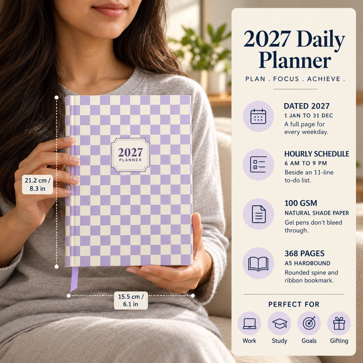 2027 daily planner diary in Lavender Check, held by a woman, with size and key features