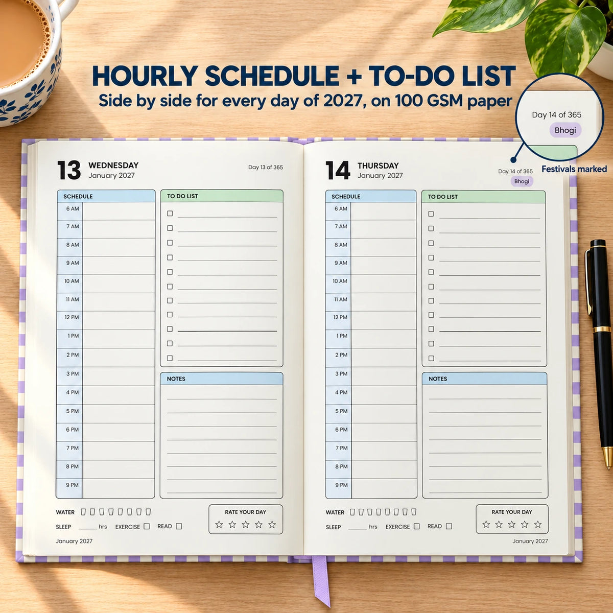 2027 daily planner diary in Lavender Check, open flat at the dated day pages with hourly schedule and to-do list