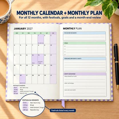 2027 daily planner diary in Lavender Check, open at the January monthly calendar and monthly plan