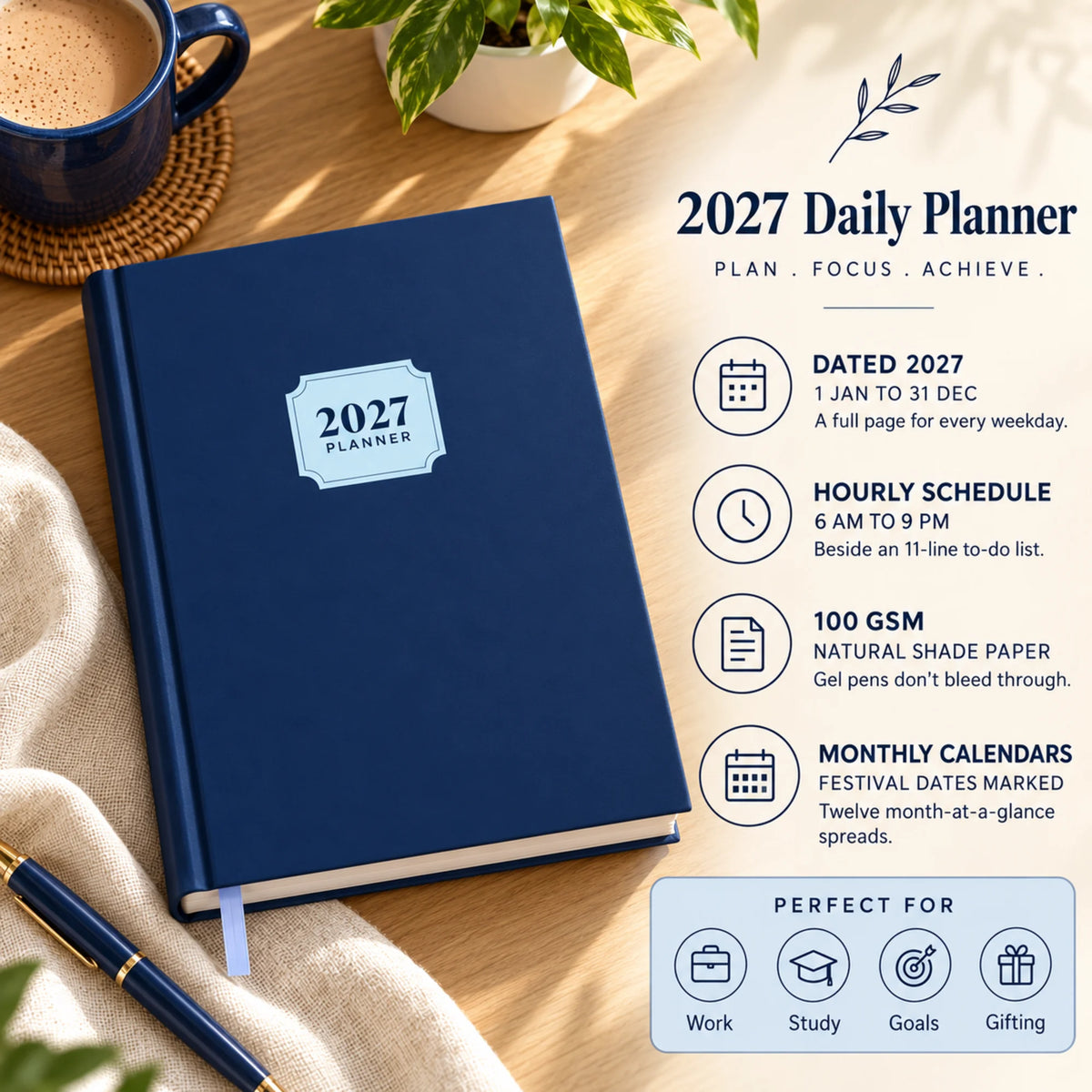 2027 daily planner diary in Navy Blue on a desk with chai, with key features