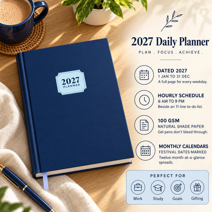 2027 daily planner diary in Navy Blue on a desk with chai, with key features