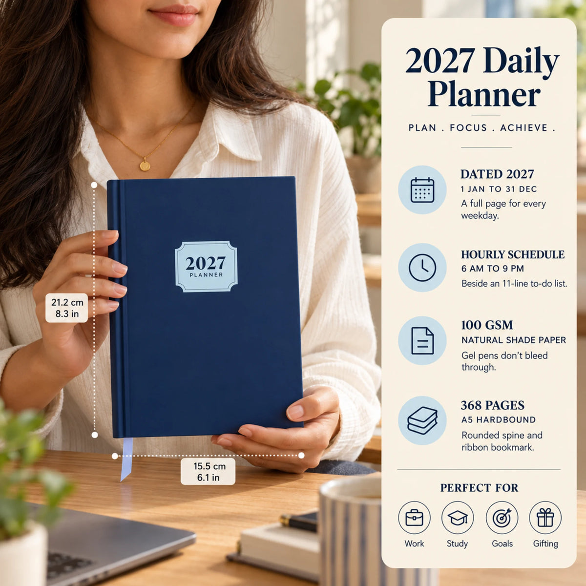 2027 daily planner diary in Navy Blue, held by a woman, with size and key features
