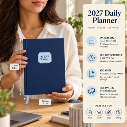 2027 daily planner diary in Navy Blue, held by a woman, with size and key features