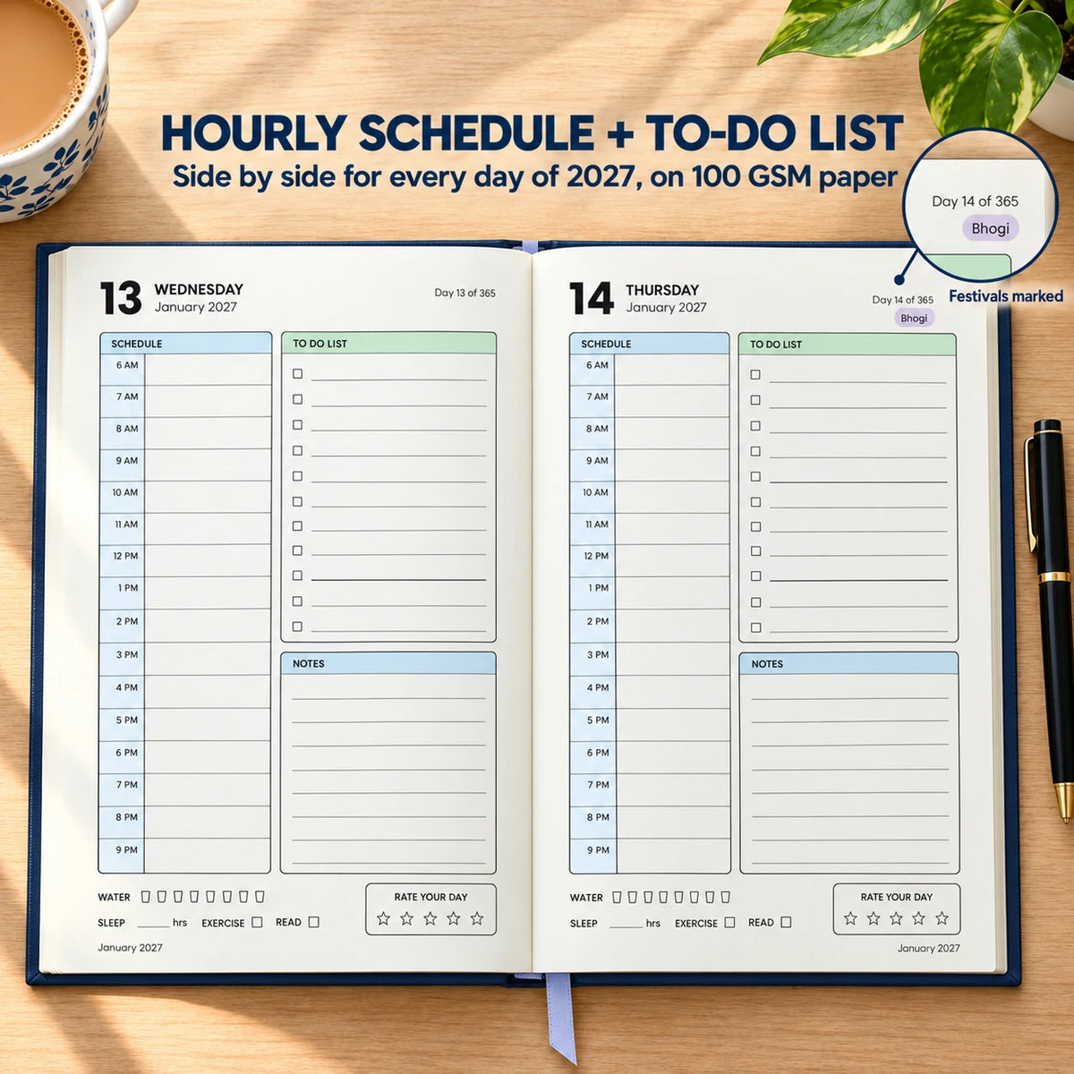 2027 daily planner diary in Navy Blue, open flat at the dated day pages with hourly schedule and to-do list