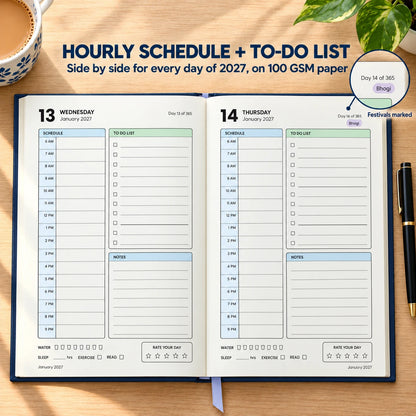 2027 daily planner diary in Navy Blue, open flat at the dated day pages with hourly schedule and to-do list
