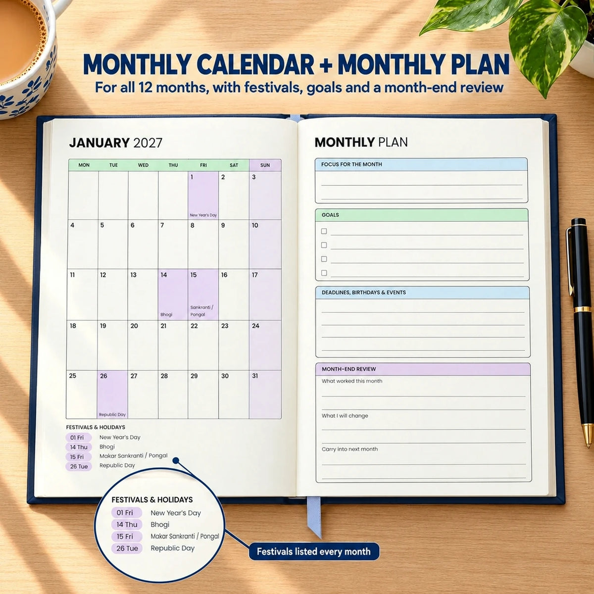 2027 daily planner diary in Navy Blue, open at the January monthly calendar and monthly plan