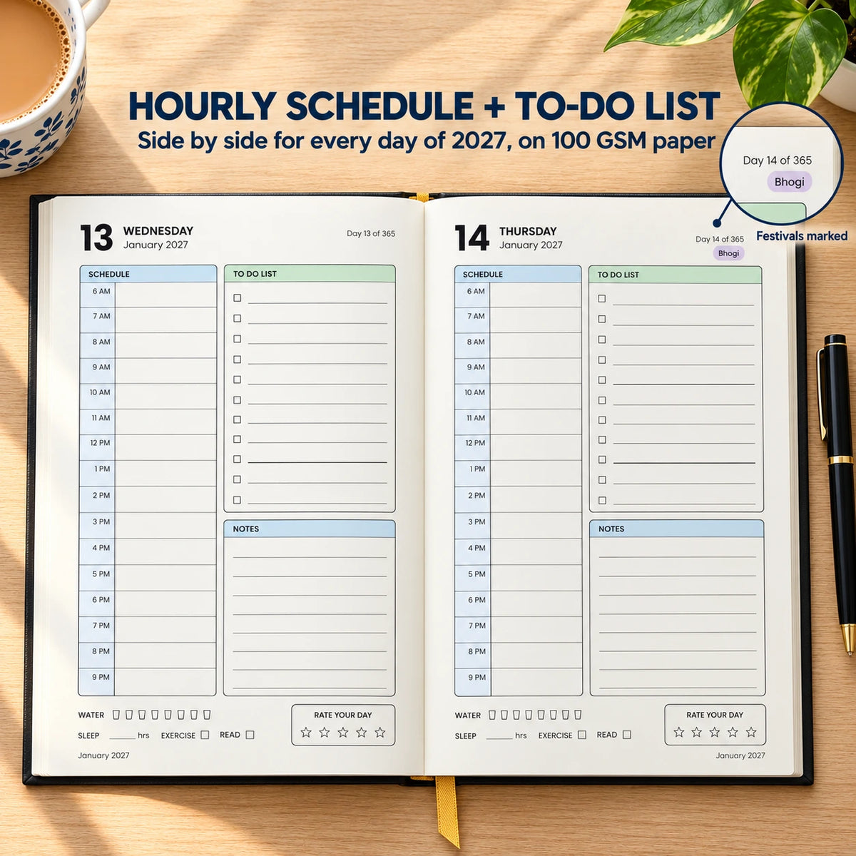 2027 daily planner diary in Classic Black, open flat at the dated day pages with hourly schedule and to-do list