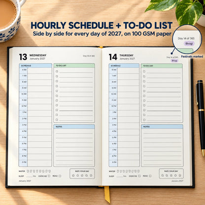 2027 daily planner diary in Classic Black, open flat at the dated day pages with hourly schedule and to-do list