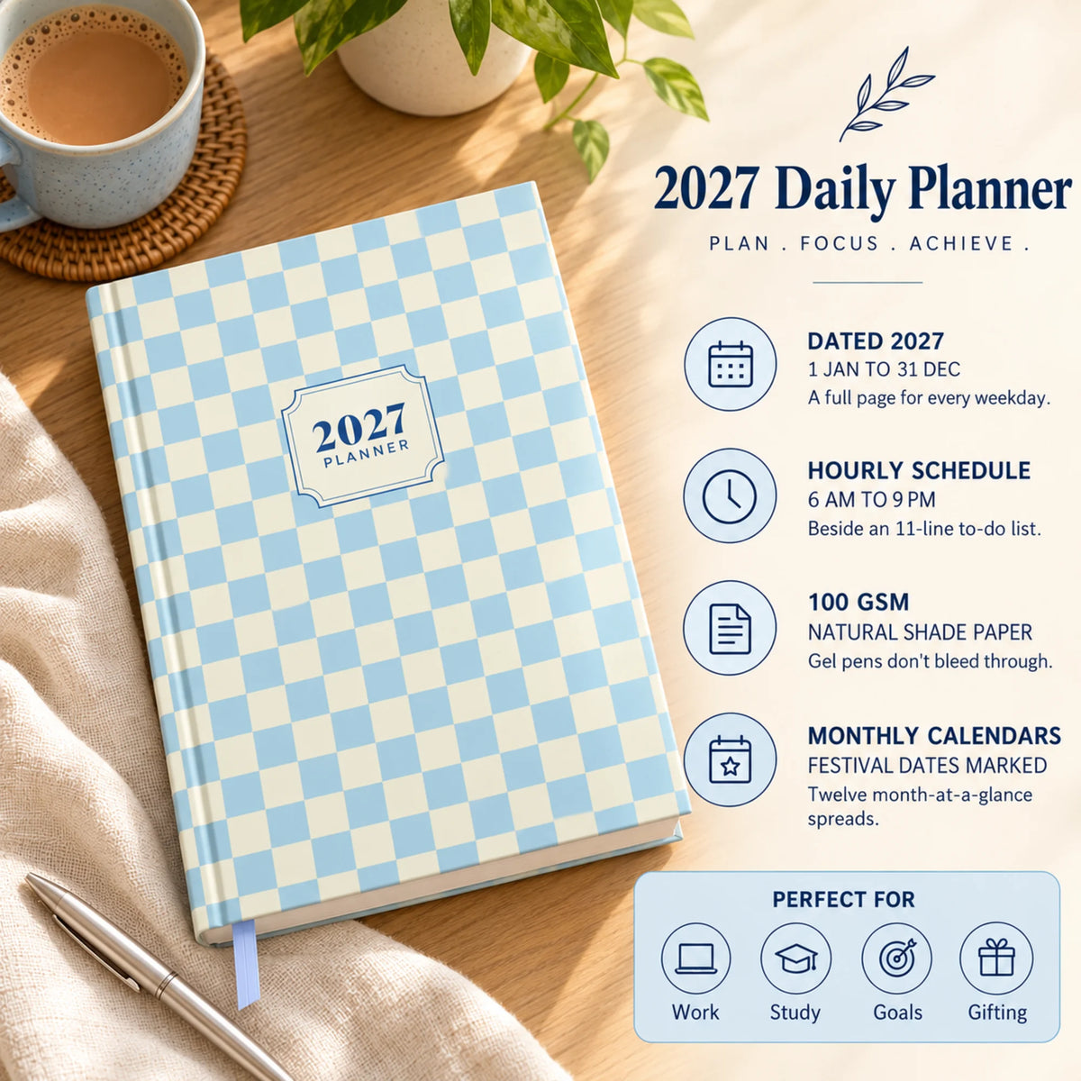 2027 daily planner diary in Powder Blue Check on a desk with chai, with key features