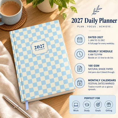 2027 daily planner diary in Powder Blue Check on a desk with chai, with key features