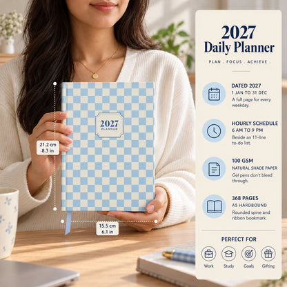 2027 daily planner diary in Powder Blue Check, held by a woman, with size and key features