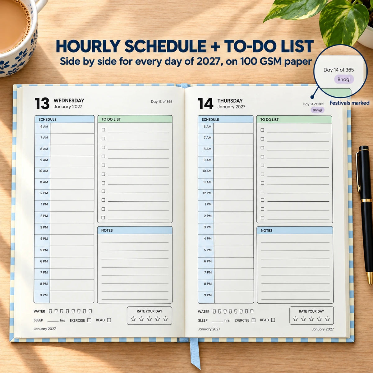 2027 daily planner diary in Powder Blue Check, open flat at the dated day pages with hourly schedule and to-do list
