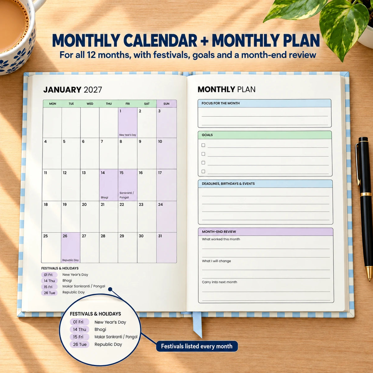 2027 daily planner diary in Powder Blue Check, open at the January monthly calendar and monthly plan