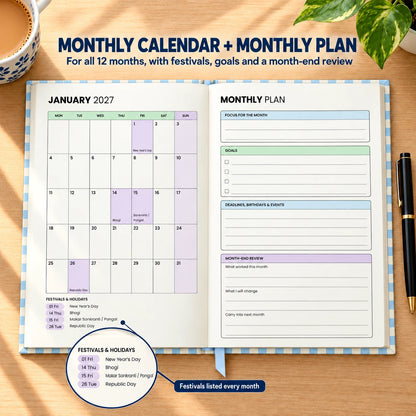 2027 daily planner diary in Powder Blue Check, open at the January monthly calendar and monthly plan