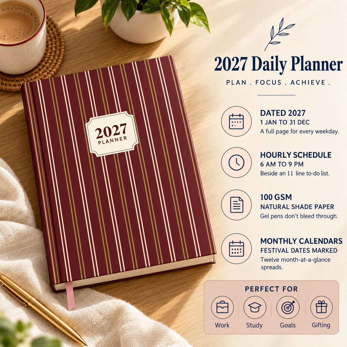 2027 daily planner diary in Red Stripe on a desk with chai, with key features
