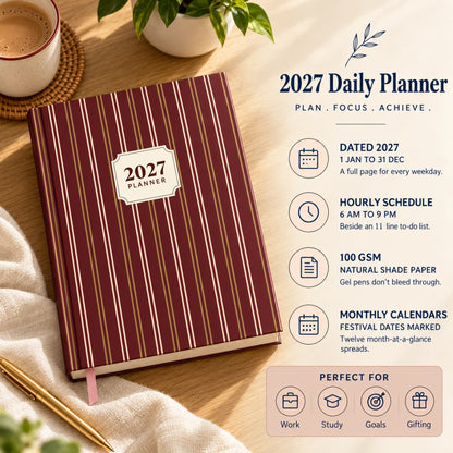 2027 daily planner diary in Red Stripe on a desk with chai, with key features