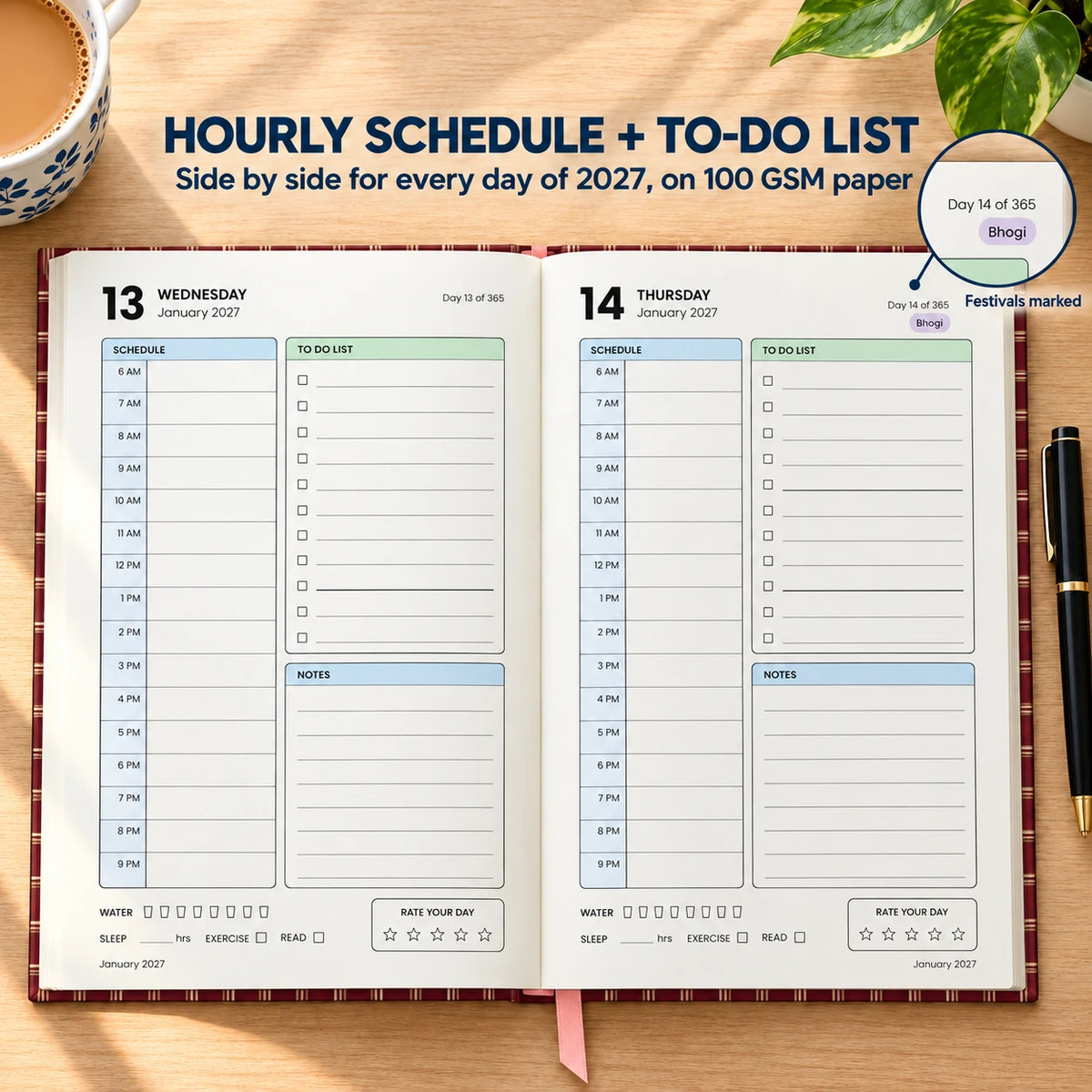 2027 daily planner diary in Red Stripe, open flat at the dated day pages with hourly schedule and to-do list