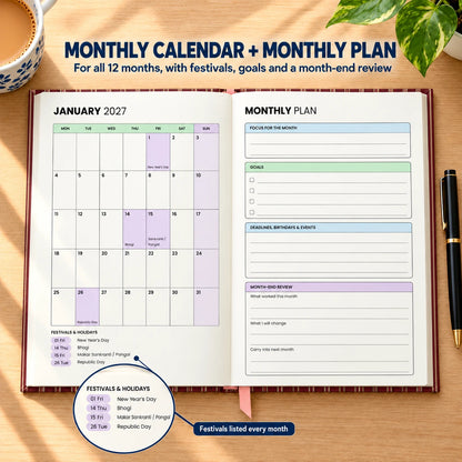 2027 daily planner diary in Red Stripe, open at the January monthly calendar and monthly plan