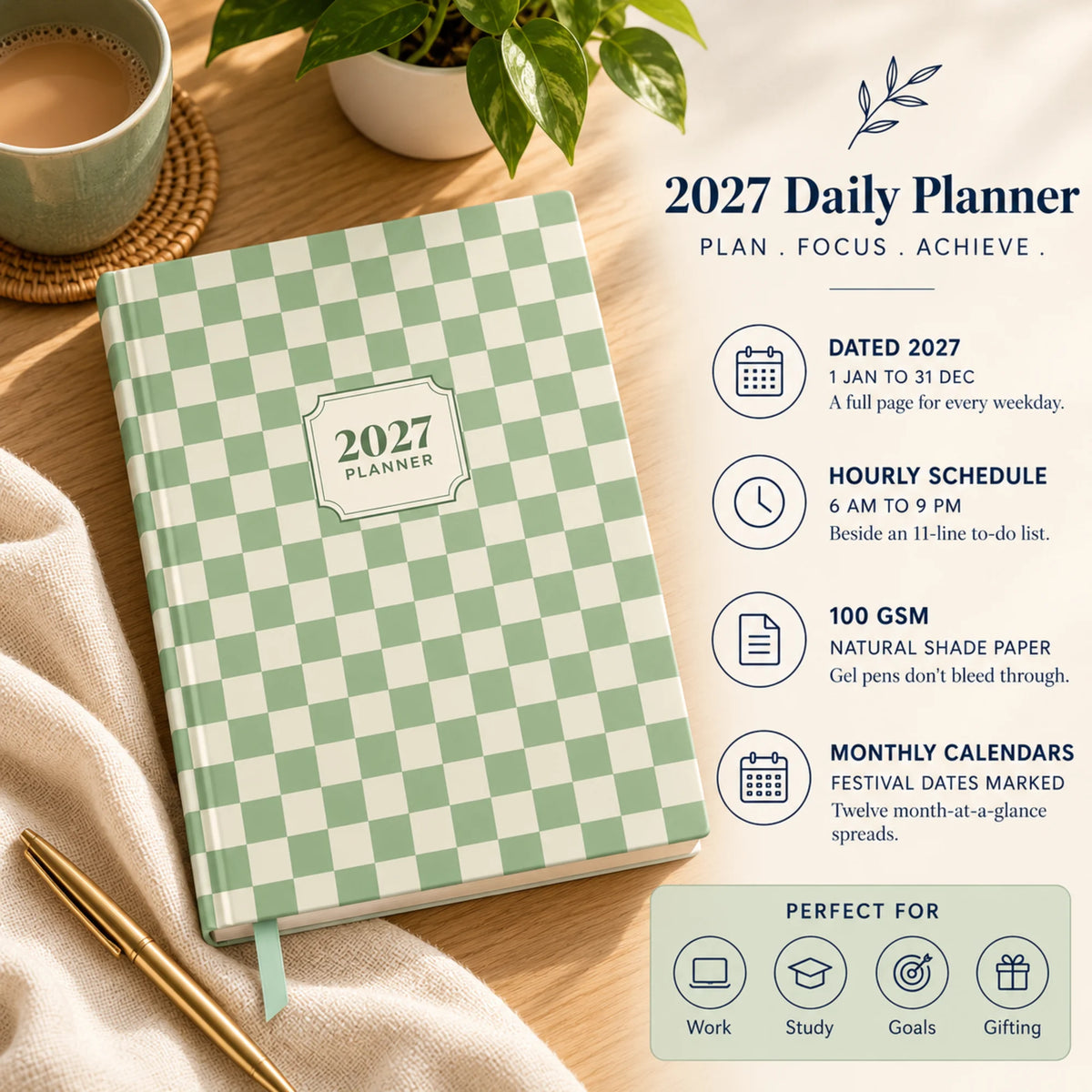 2027 daily planner diary in Sage Green Check on a desk with chai, with key features