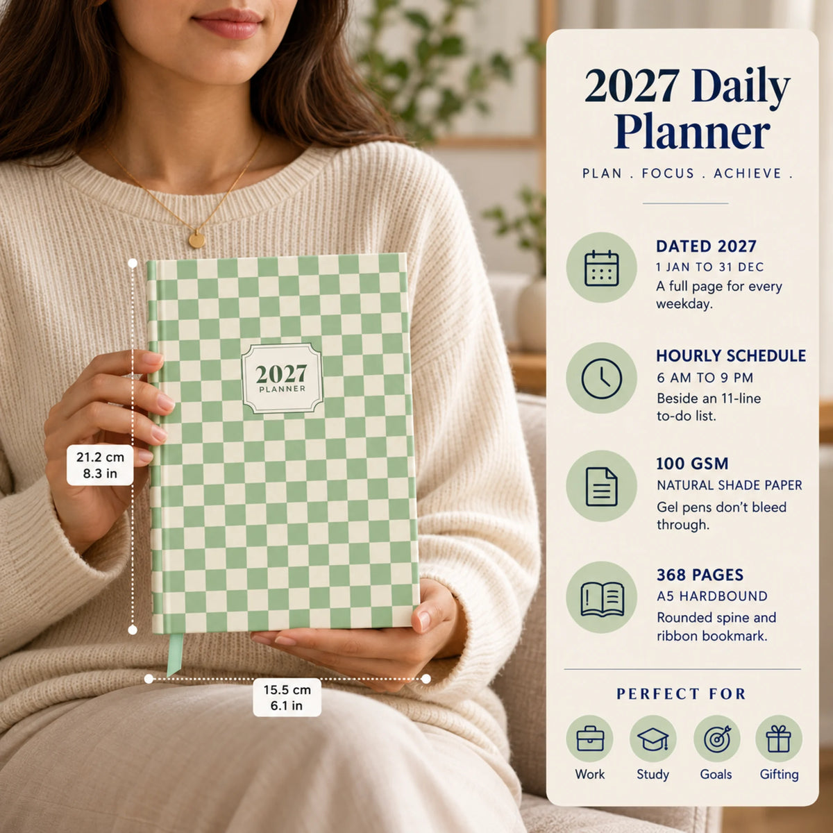 2027 daily planner diary in Sage Green Check, held by a woman, with size and key features