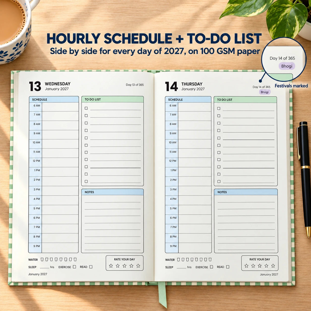 2027 daily planner diary in Sage Green Check, open flat at the dated day pages with hourly schedule and to-do list