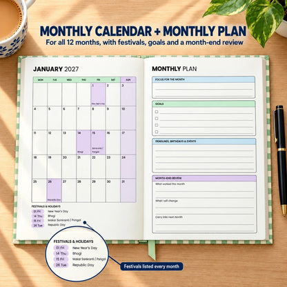 2027 daily planner diary in Sage Green Check, open at the January monthly calendar and monthly plan